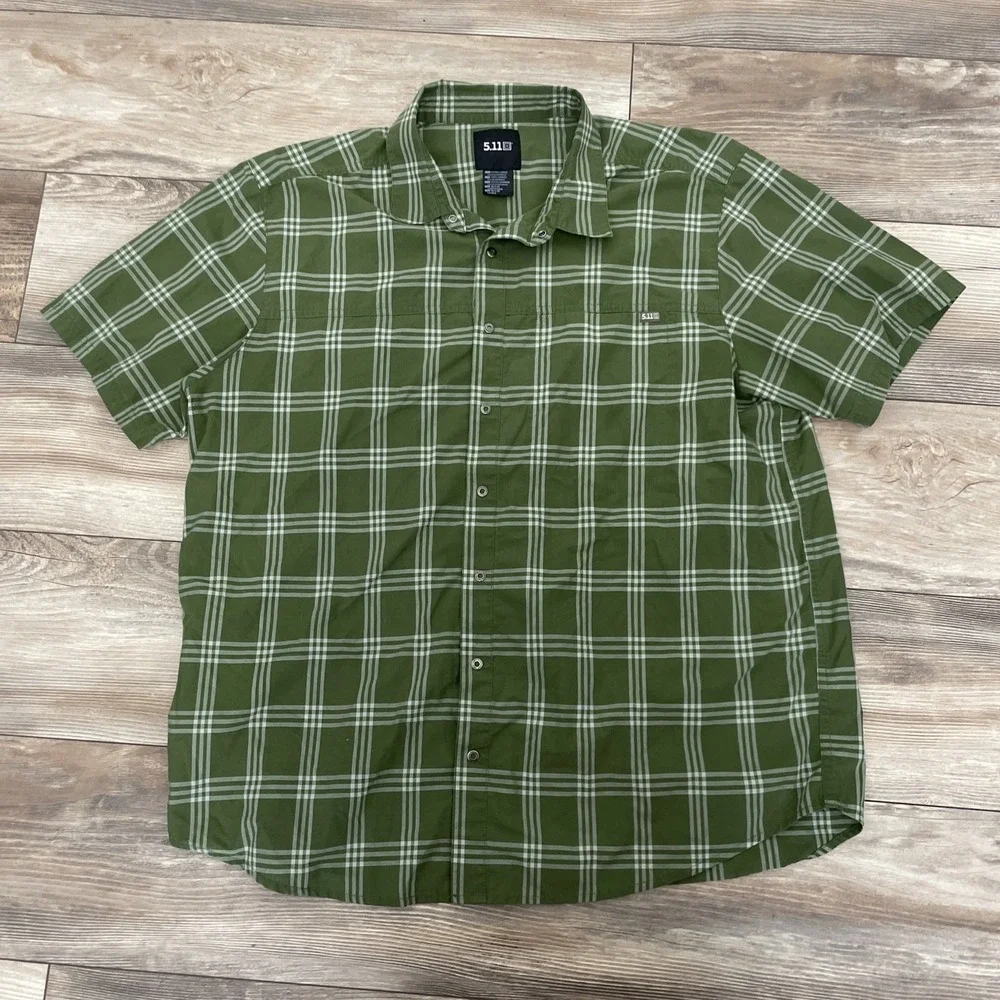 5.11 Tactical Shirt‎ Men's XL Green Plaid Short Sleeve Snap Front Utility